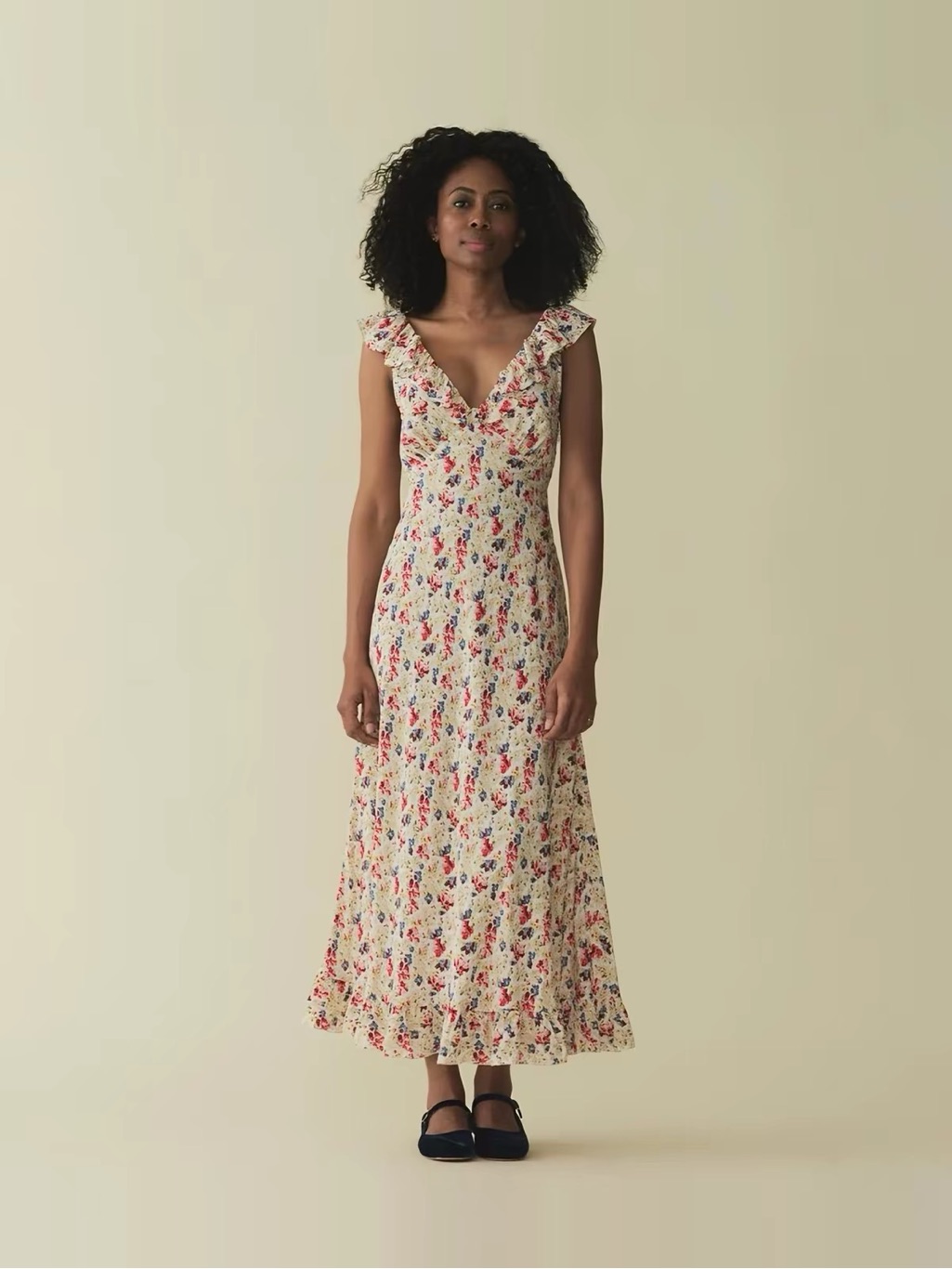 Floral Ruffle V-Neck Midi Dress - Cream With Red & Blue Flowers